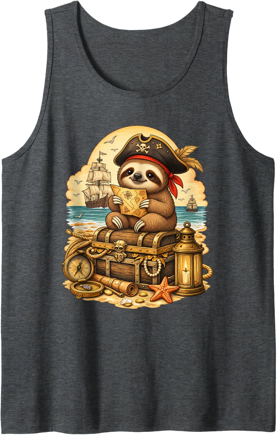 Sloth Dressed As A Pirate Funny Halloween Sleeveless Tank Top - Dark Heather Grey