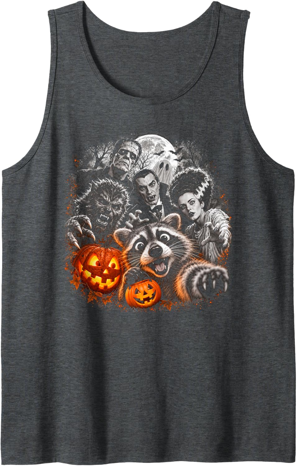 Halloween Raccoon Monster Selfie Pumpkin Pail Vintage Art Sleeveless Tank Top - Dark Heather Grey