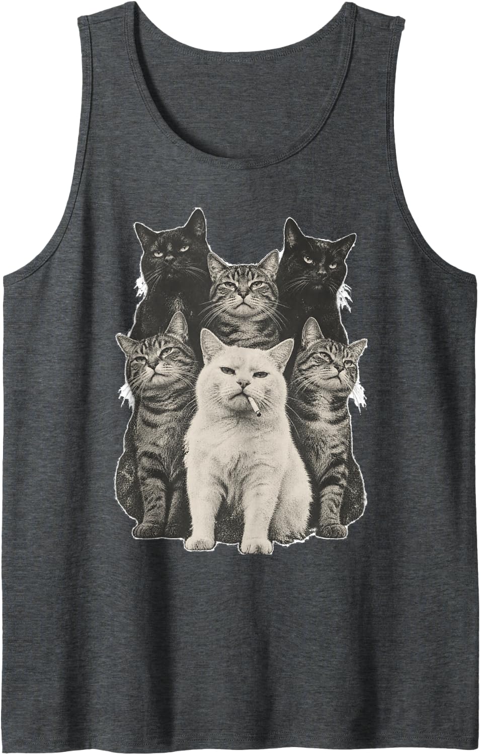 Smoking White Cat Faded Vintage Moody Cat Collage Grunge Sleeveless Tank Top - Dark Heather Grey