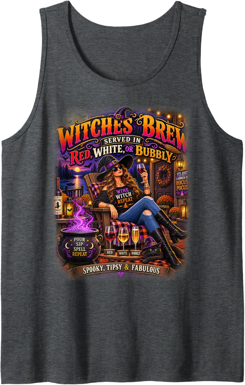 Witches Brew Red White or Bubbly Funny Halloween Wine Witch Sleeveless Tank Top - Dark Heather Grey