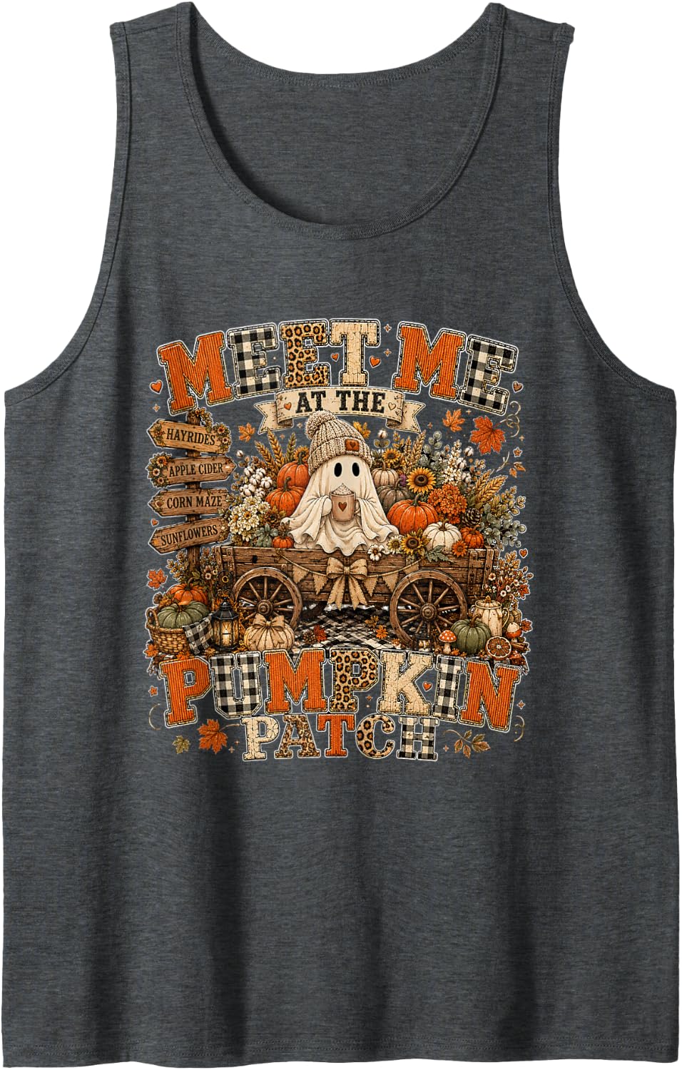 Cute Fall Ghost Meet Me at the Pumpkin Patch Halloween Tank Top - Dark Heather Grey