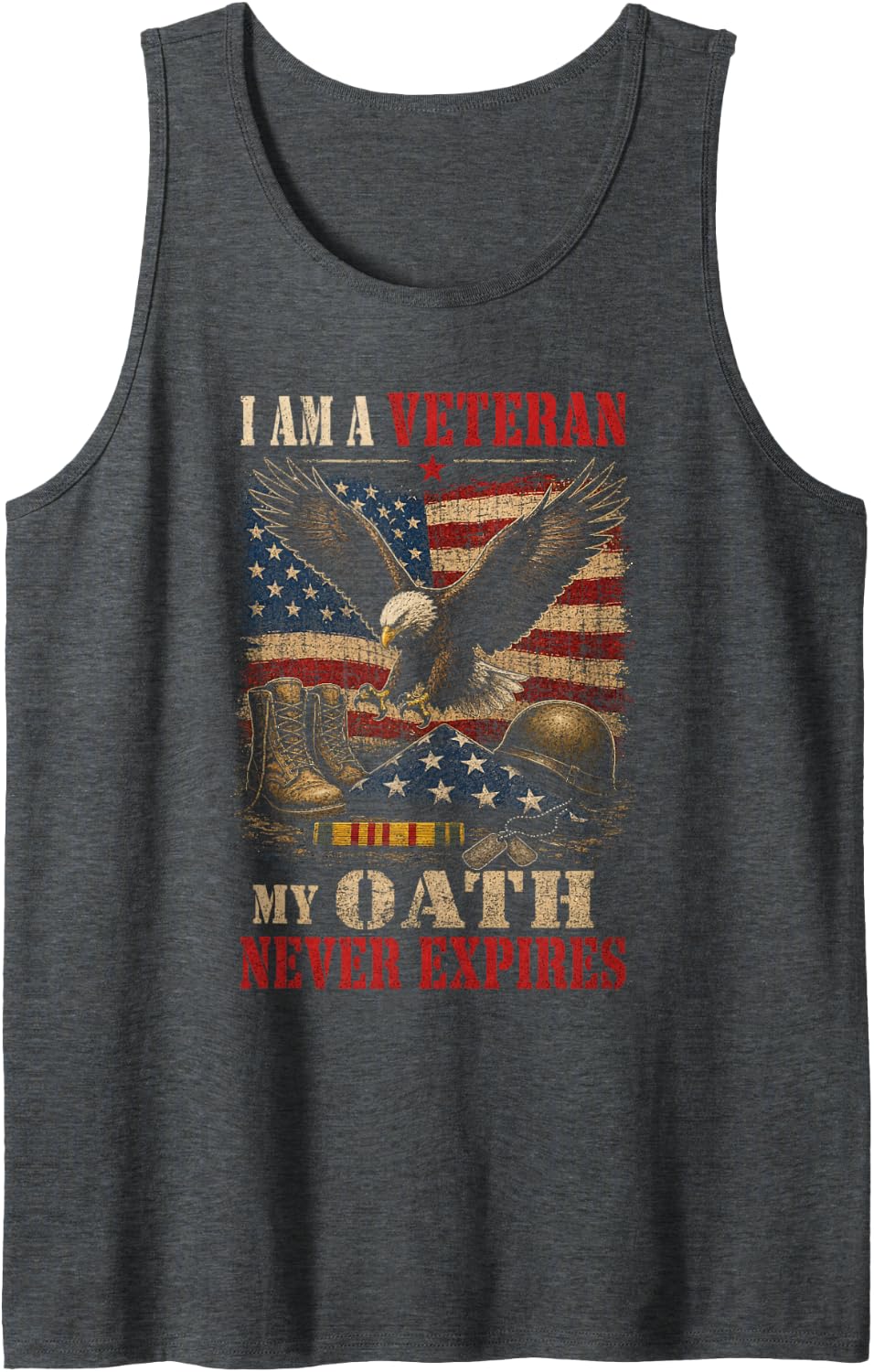 Proud Veteran My Oath Never Expires Bald Eagle Flag Sleeveless Tank Top - Dark Heather Grey