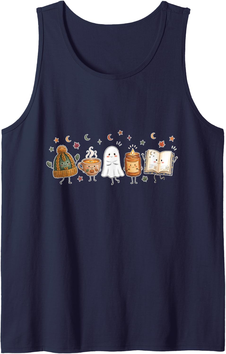 Cute Fall Cozy Vibes Halloween Pumpkin Spice Ghost Candle Tank Top - Navy Blue