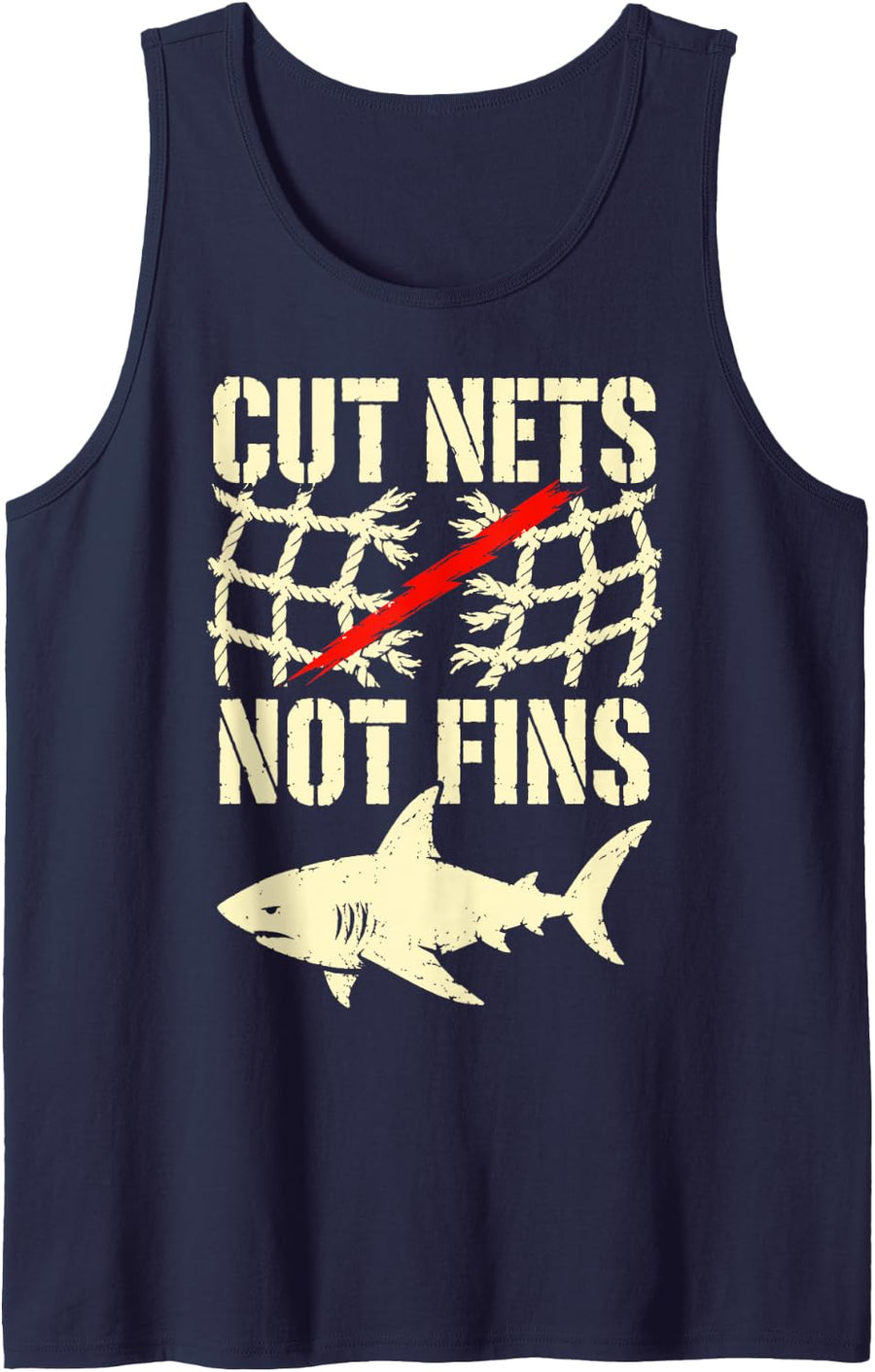 Shark Cut Nets Not Fins Funny Ocean Conservation Activist Tank Top - Navy Blue