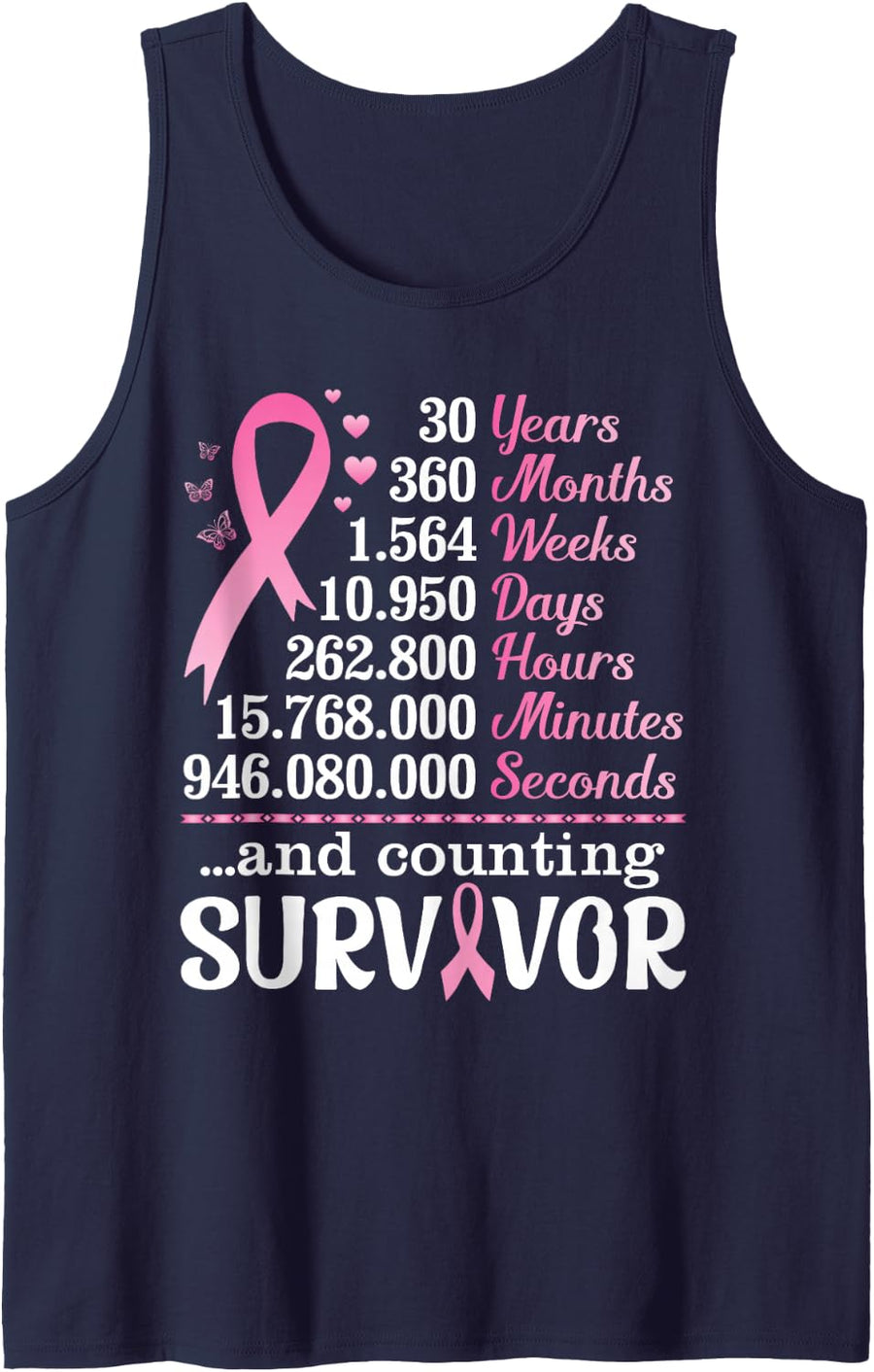 30 Years 360 Months Fighting Breast Cancer Counting Survivor Sleeveless Tank Top - Navy Blue