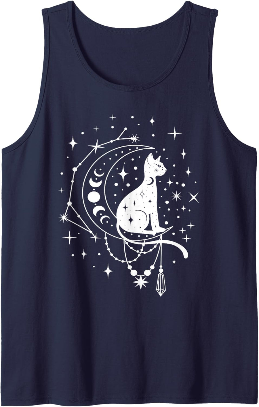 Celestial Cat, Crescent Moon, Star Constellation, Astrology Tank Top - Navy Blue