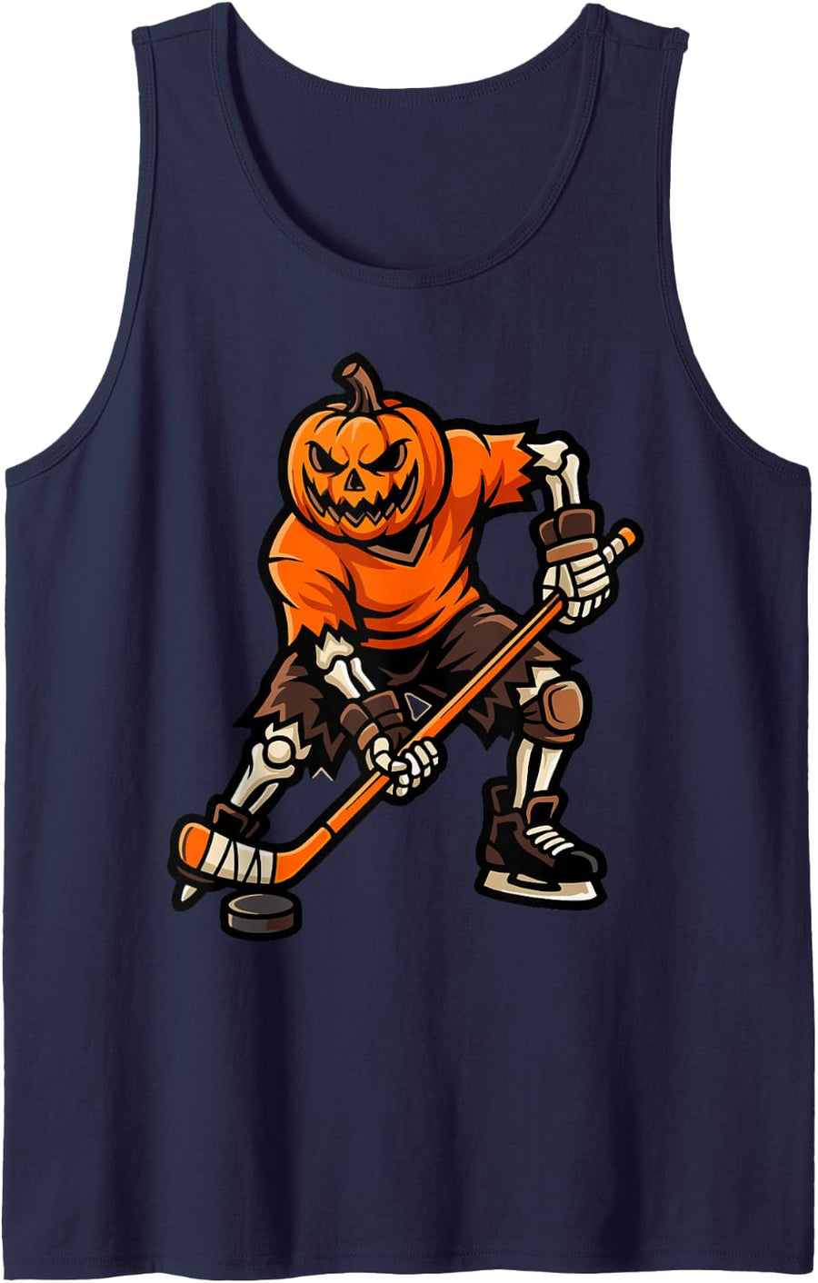 Halloween Pumpkin Skeleton Ice Hockey Player Fun Sleeveless Tank Top - Navy Blue