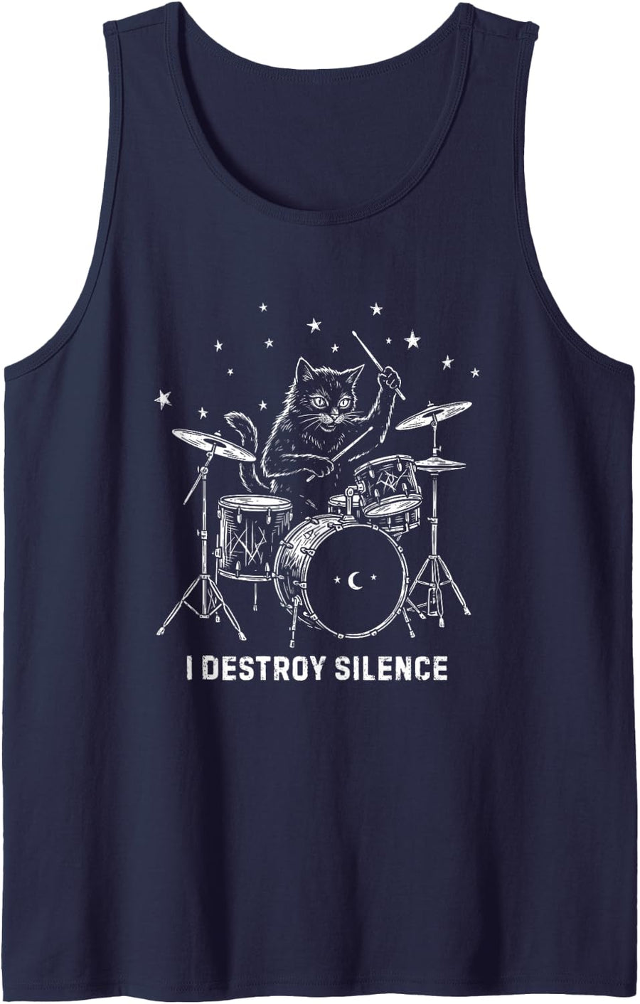 Black Cat Playing Drums Vintage Gothic Rock Musician Graphic Tank Top - Navy Blue
