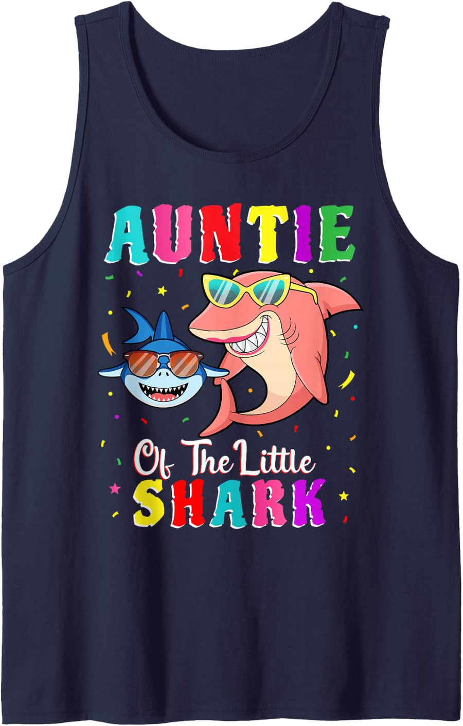 Auntie of The Little Shark Aunt Nephew Shark Birthday Party Sleeveless Tank Top - Navy Blue
