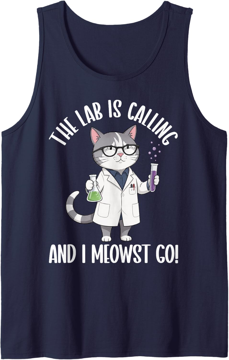 The Lab is Calling and I Must Go Scientist Cat Chemistry Sleeveless Tank Top - Navy Blue
