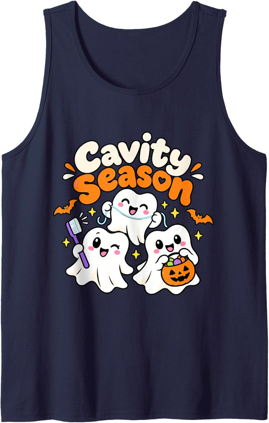 Cavity Season Ghost Dentist Dental Hygienist Halloween Sleeveless Tank Top - Navy Blue