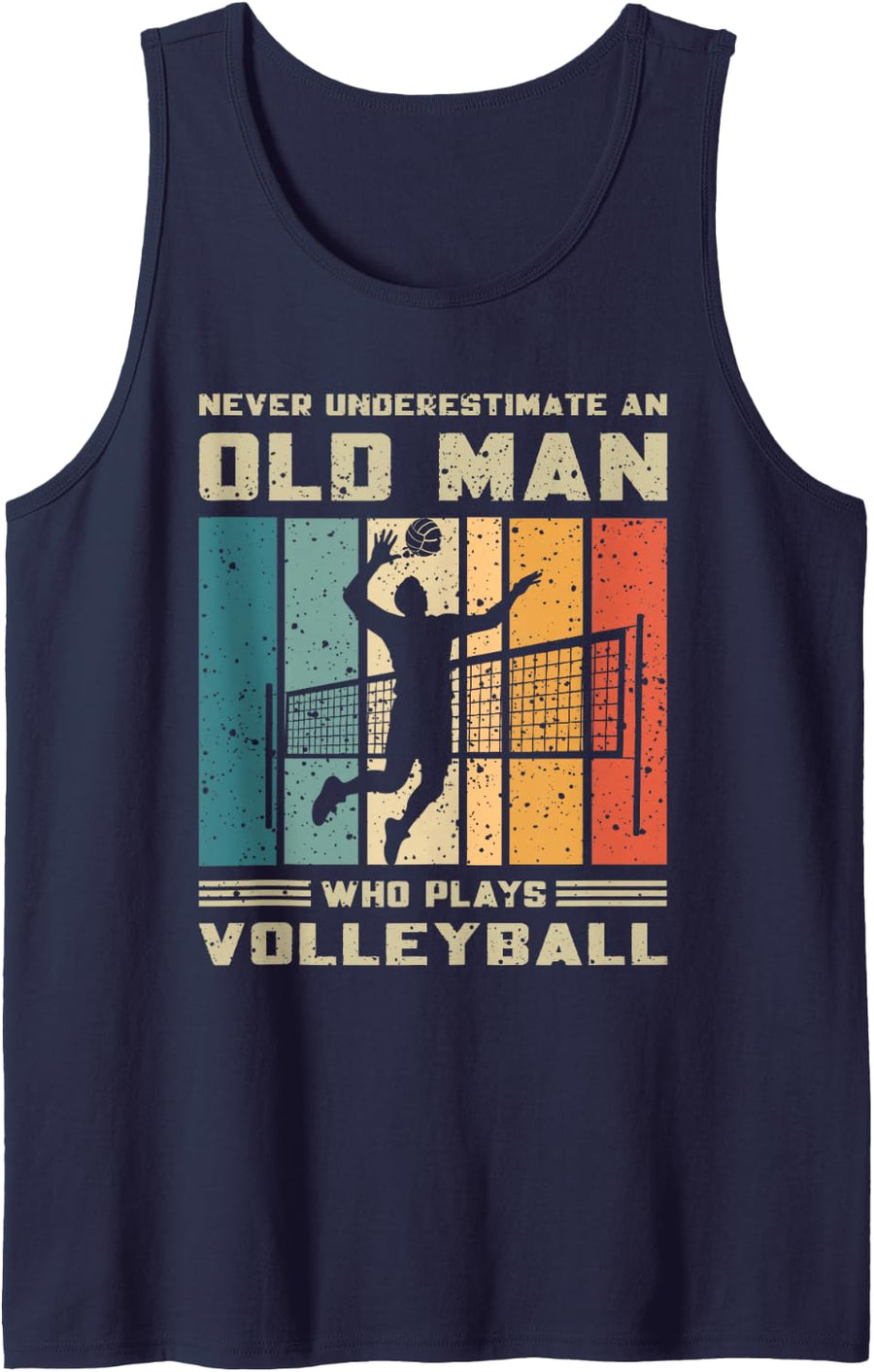 Funny Never Underestimate Old Man Who Plays Volleyball Retro Sleeveless Tank Top - Navy Blue