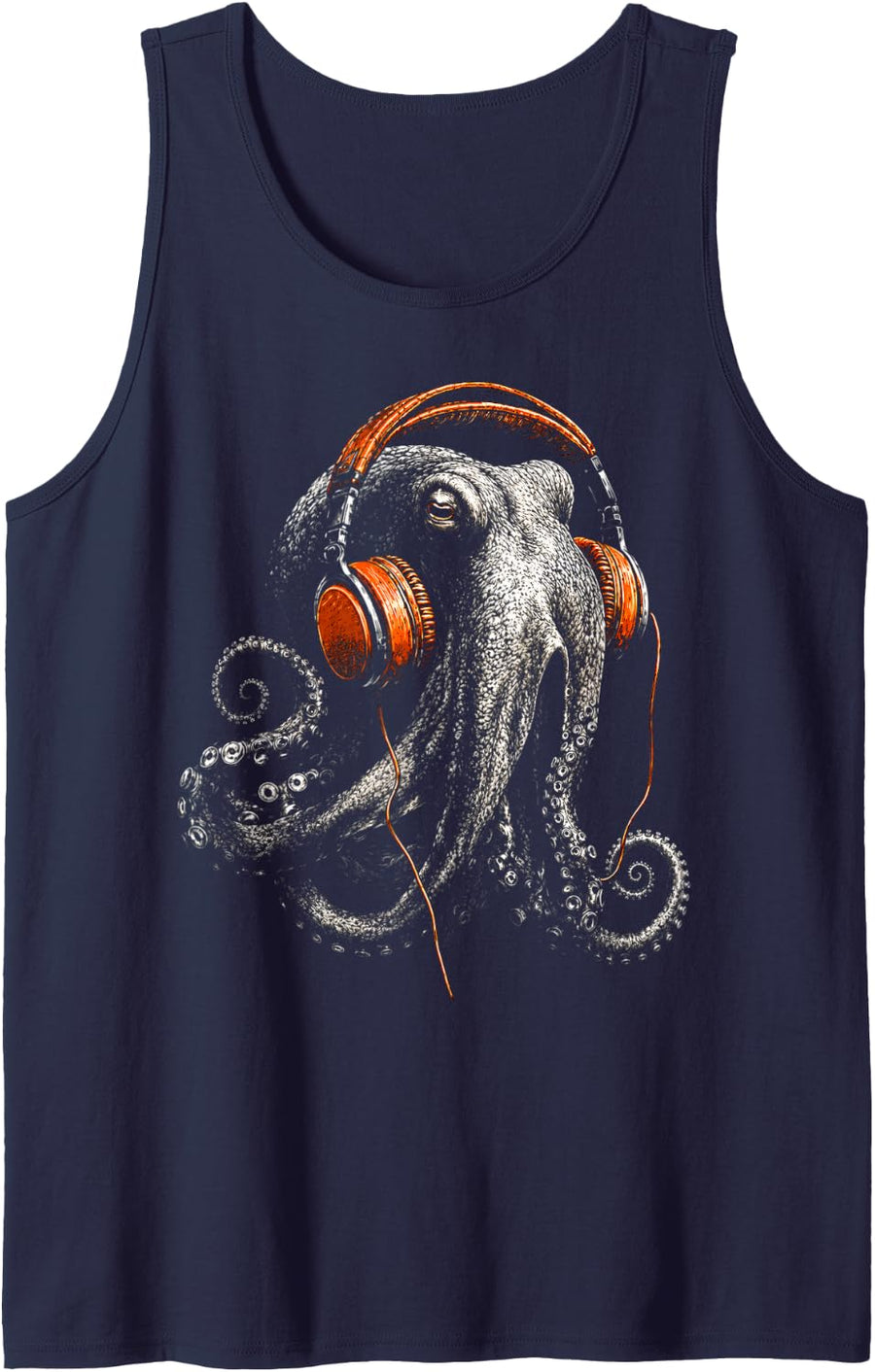 Groovy Octopus Wearing Headphones Retro Ocean Design Sleeveless Tank Top - Navy Blue