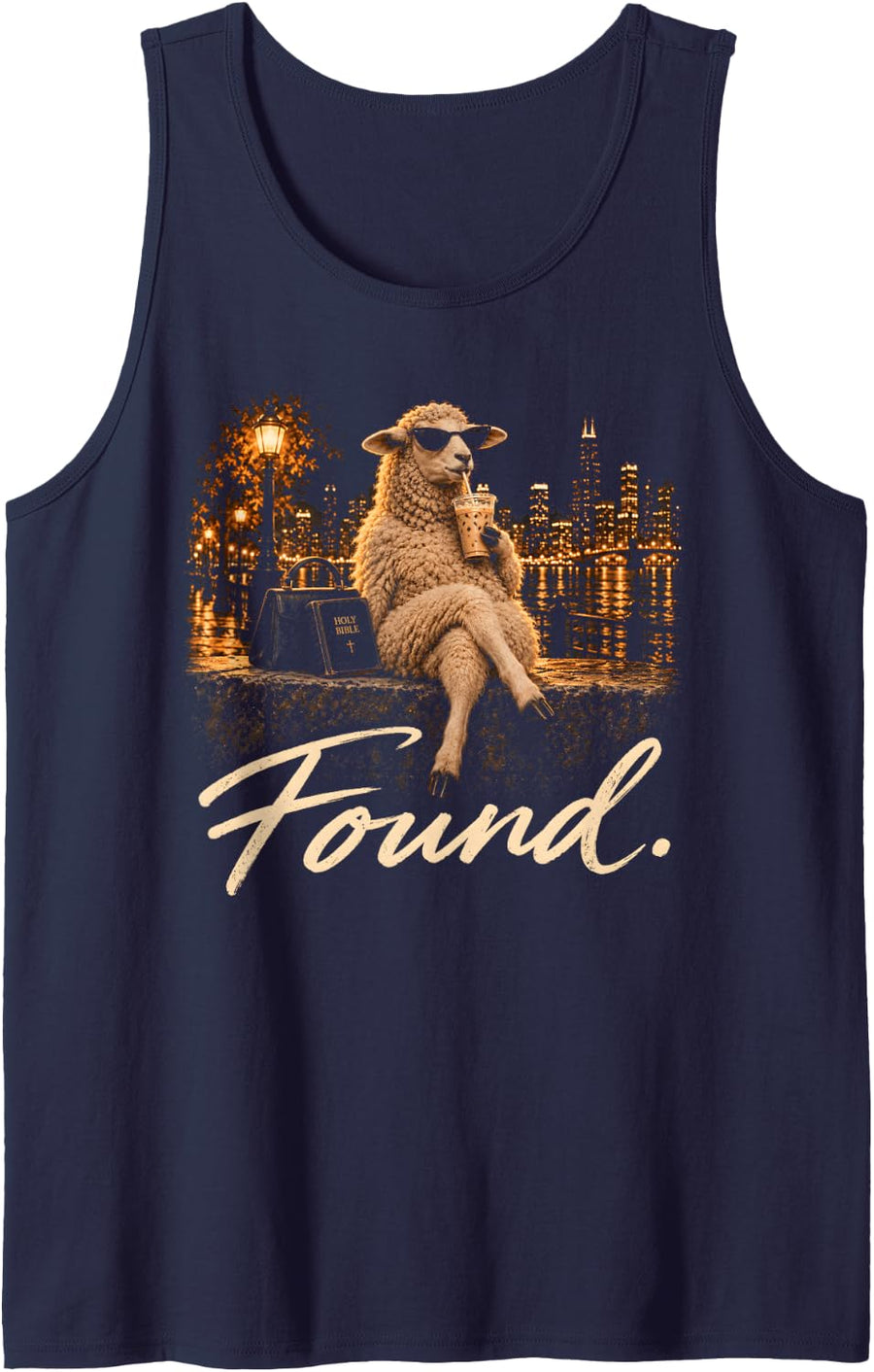 Found Sheep Drinking Coffee Funny Lamb Christian Sleeveless Tank Top - Navy Blue