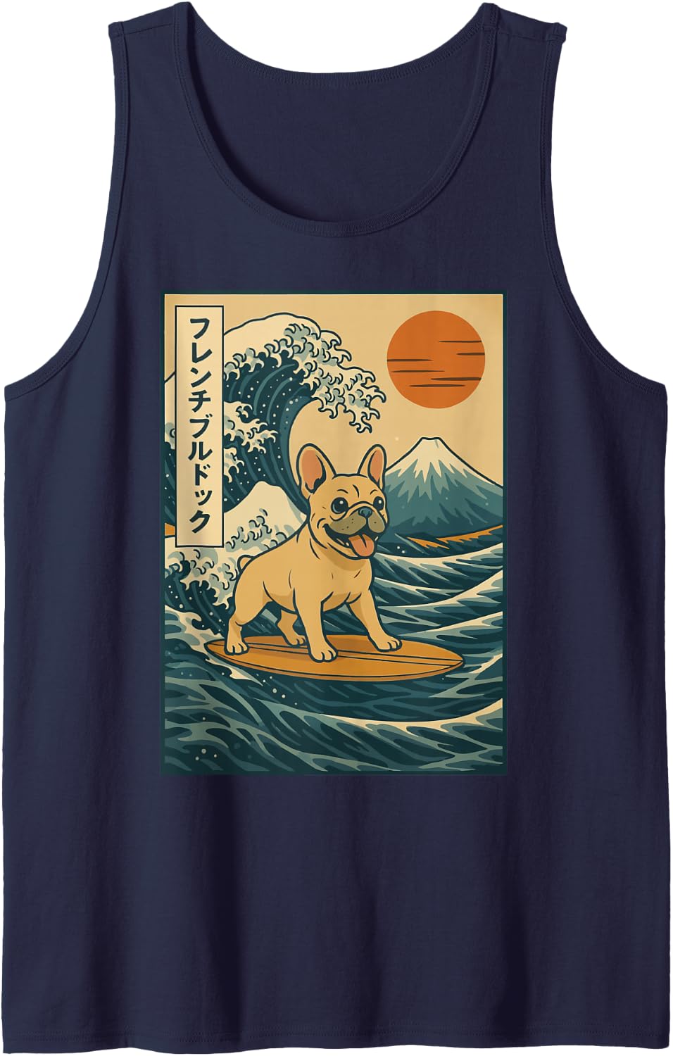 French Bulldog Surfing Japanese Tank Top - Navy Blue