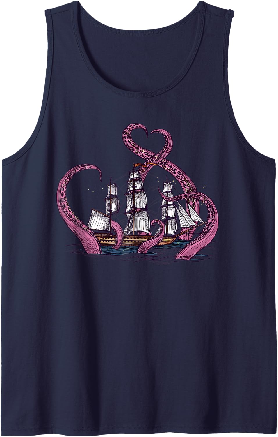 Cute Octopus Apparel Vintage Ship Sea Monster Kraken Cthulhu Tank Top - Navy Blue