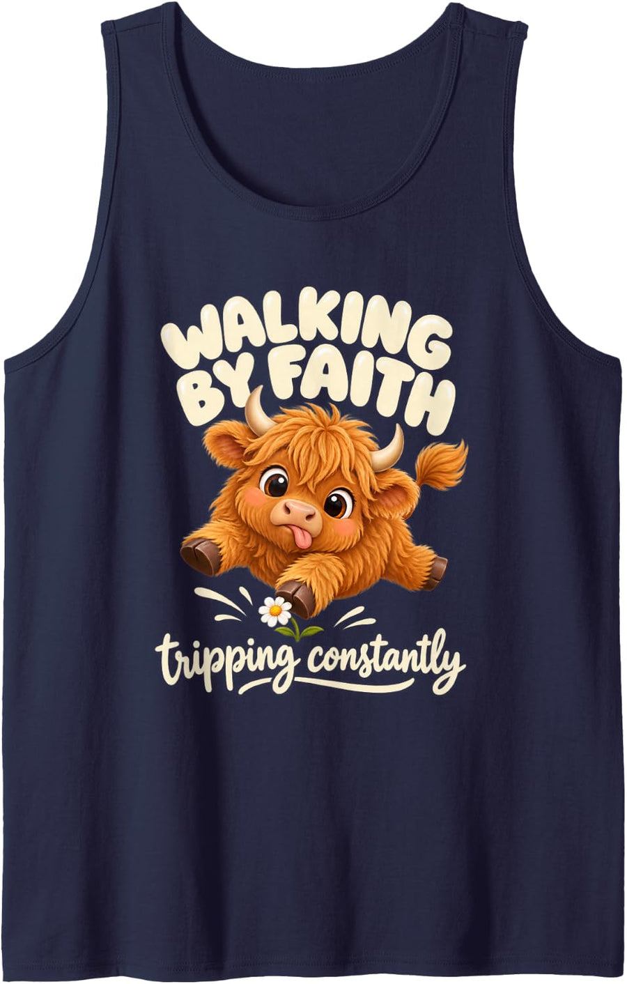Sweet Kawaii Cow Funny Walking By Faith Tripping Constantly Sleeveless Tank Top - Navy Blue