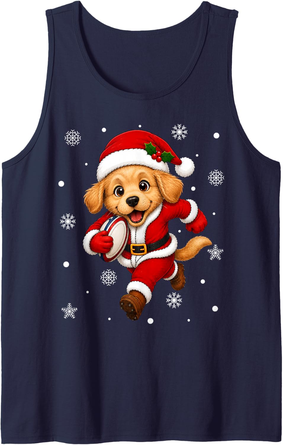 Golden Retriever Puppy Playing Rugby Christmas Sports Xmas Sleeveless Tank Top - Navy Blue