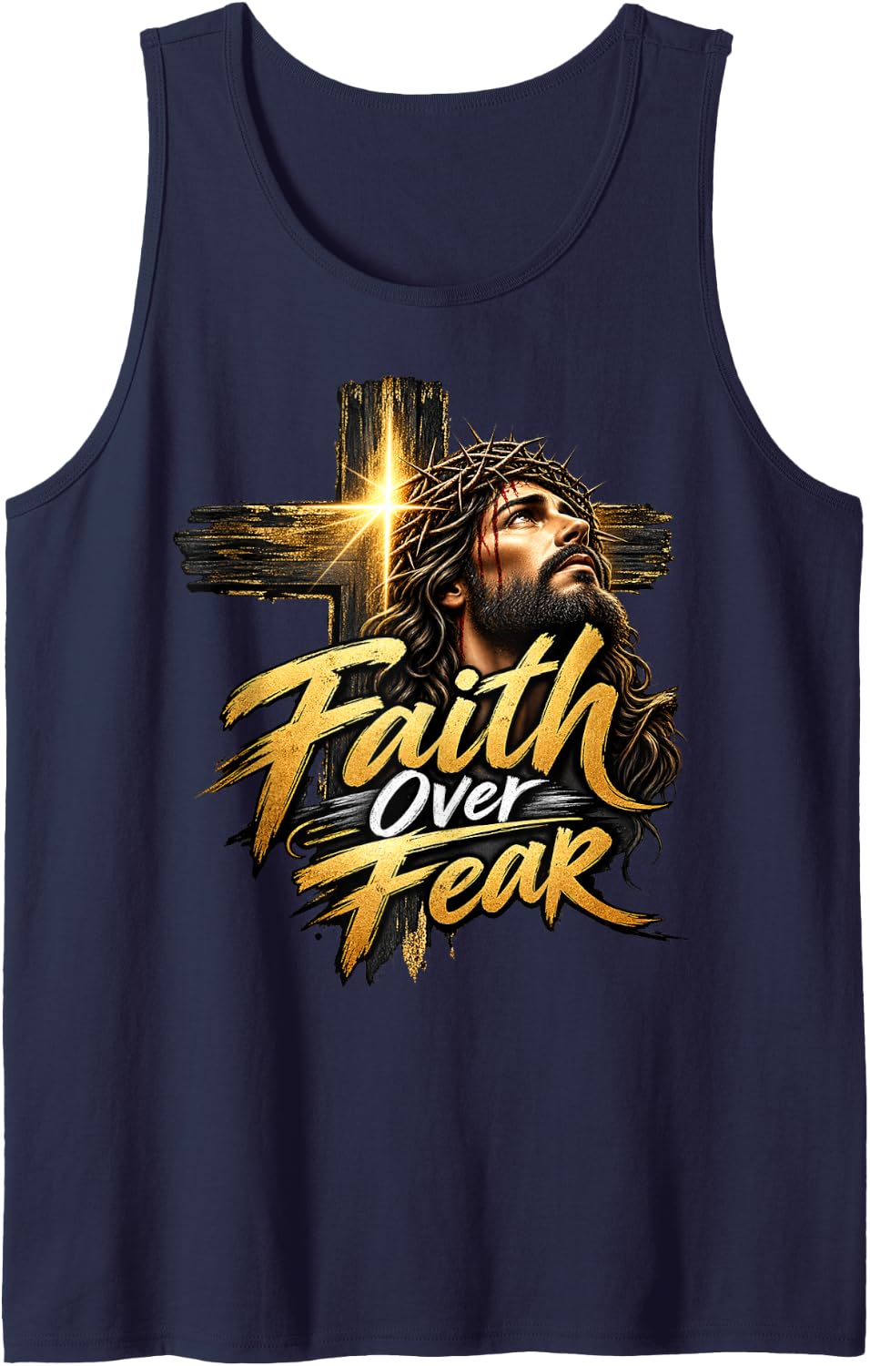 Faith Over Fear Jesus Christ Cross Christian Devotion Art Sleeveless Tank Top - Navy Blue