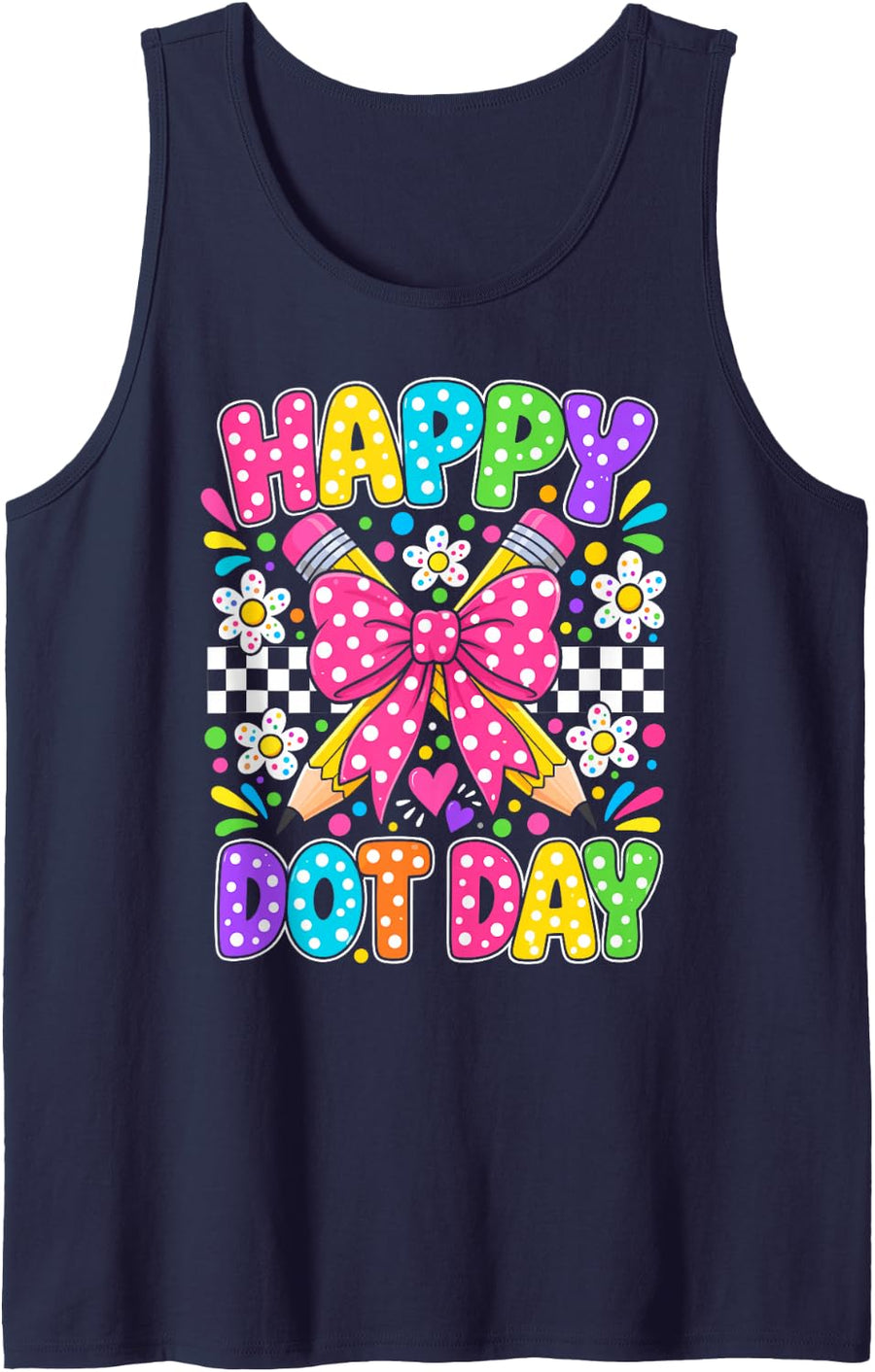 Happy Dot Day Pencils Bow Classroom Art Teacher Kids Girls Sleeveless Tank Top - Navy Blue