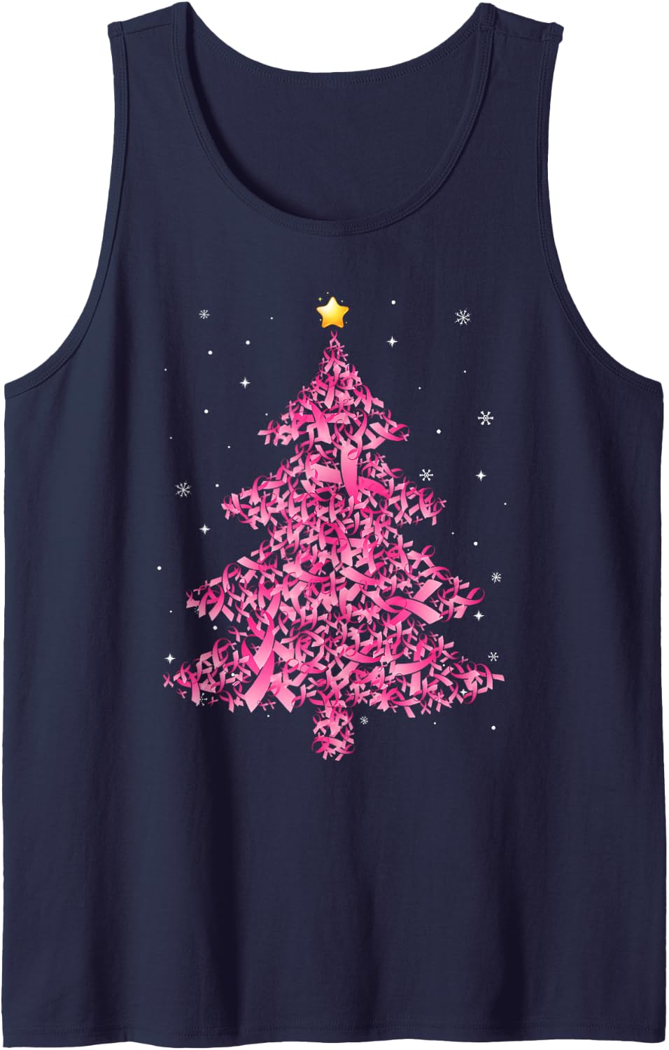 Breast Cancer Christmas Santa Hat Pink Ribbon Xmas Tree Sleeveless Tank Top - Navy Blue