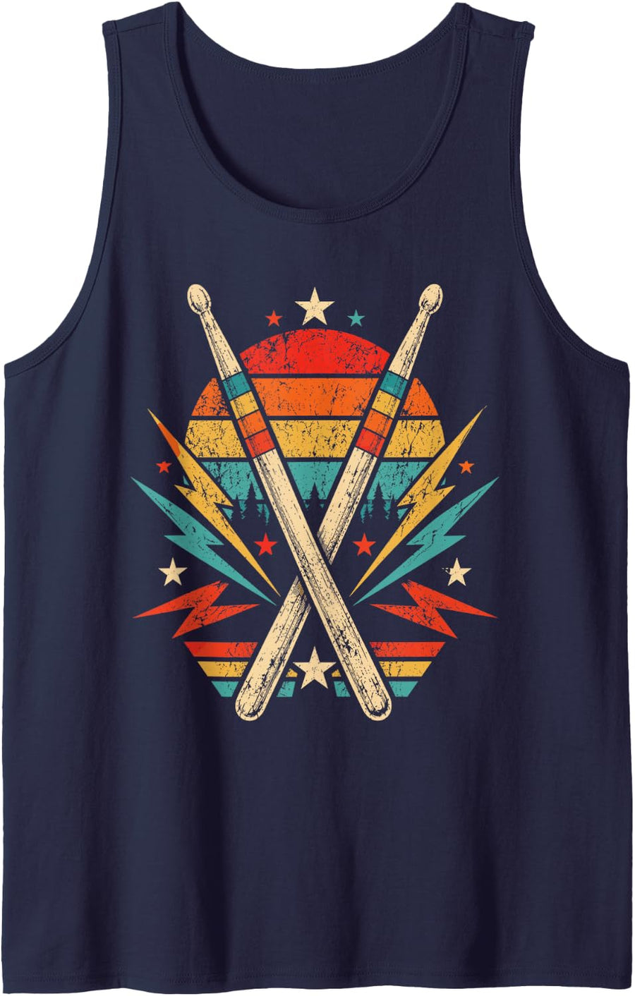 Retro Vintage Drummer 70s 80s Distressed Drumsticks Sleeveless Tank Top - Navy Blue