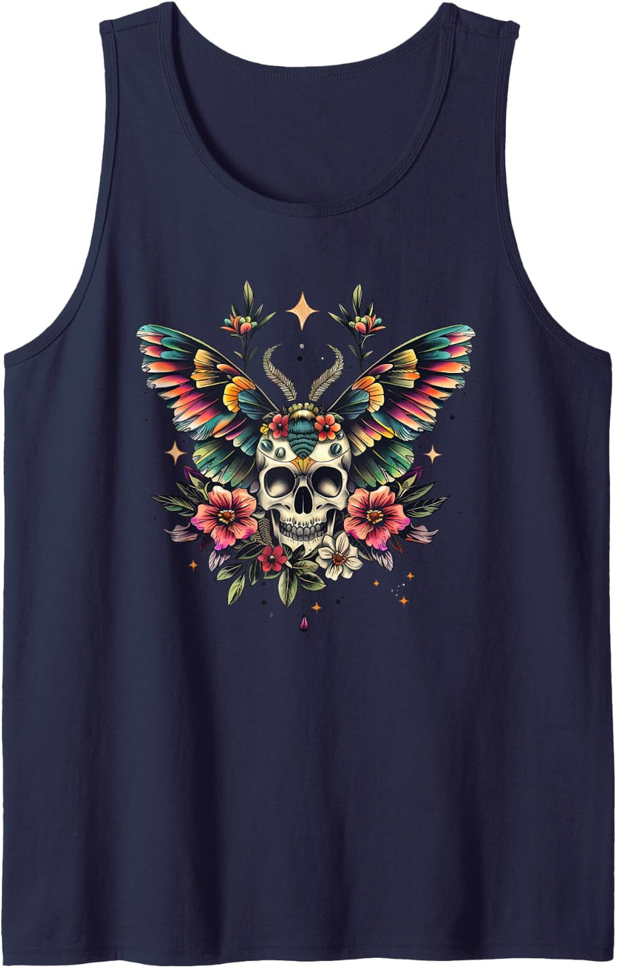 Vintage Death Moth Skull Flower Tattoo Goth Grunge Butterfly Tank Top - Navy Blue