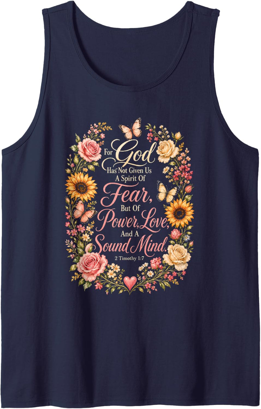 Faith Over Fear Christian Women 2 Timothy 1:7 Floral Sleeveless Tank Top - Navy Blue