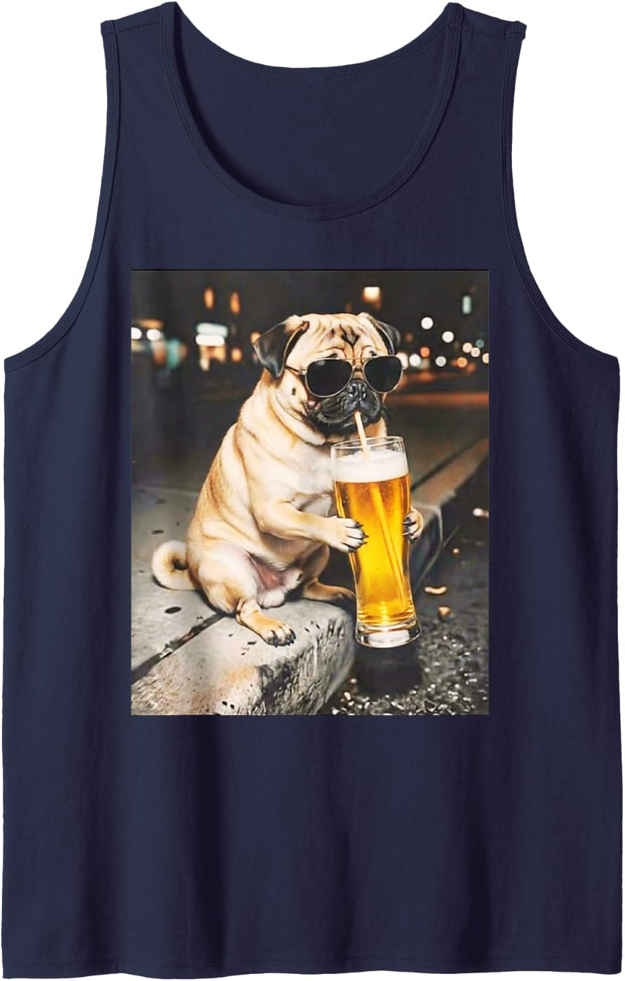Pug Dog Drinking Beer Funny Meme Animal Lover Men Women Tank Top - Navy Blue