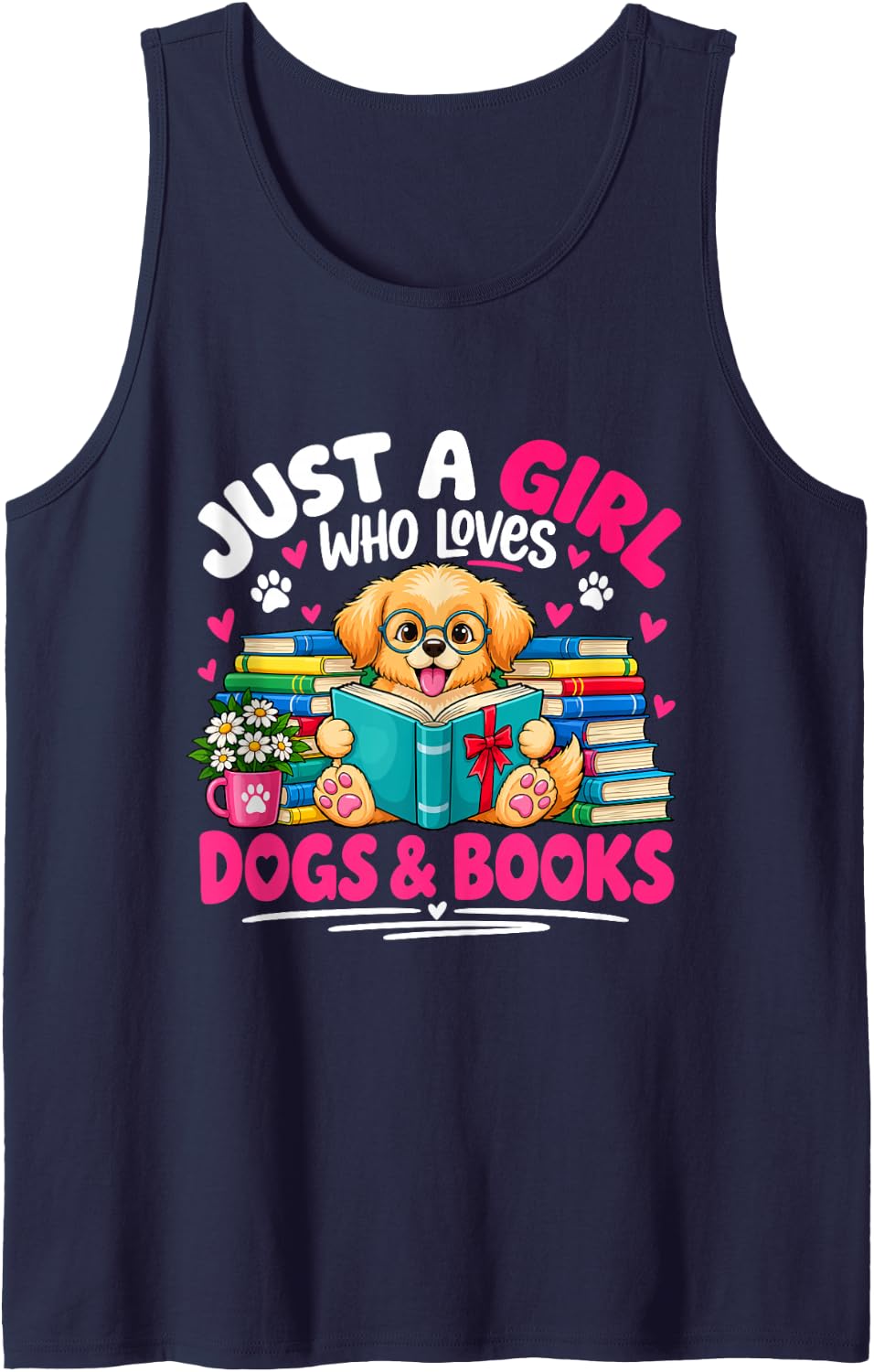 Just a Girl Who Loves Dogs & Books Funny Dog Reading Sleeveless Tank Top - Navy Blue