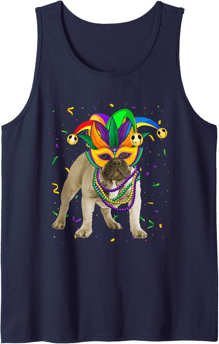 French Bulldog Dog Wearing Mardi Gras Face Cover Beads Sleeveless Tank Top - Navy Blue