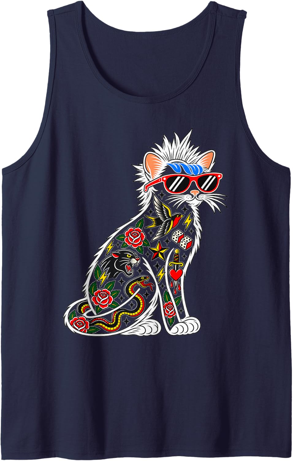 Traditional Tattoo Cat Sunglasses Flash Art Sleeveless Tank Top - Navy Blue