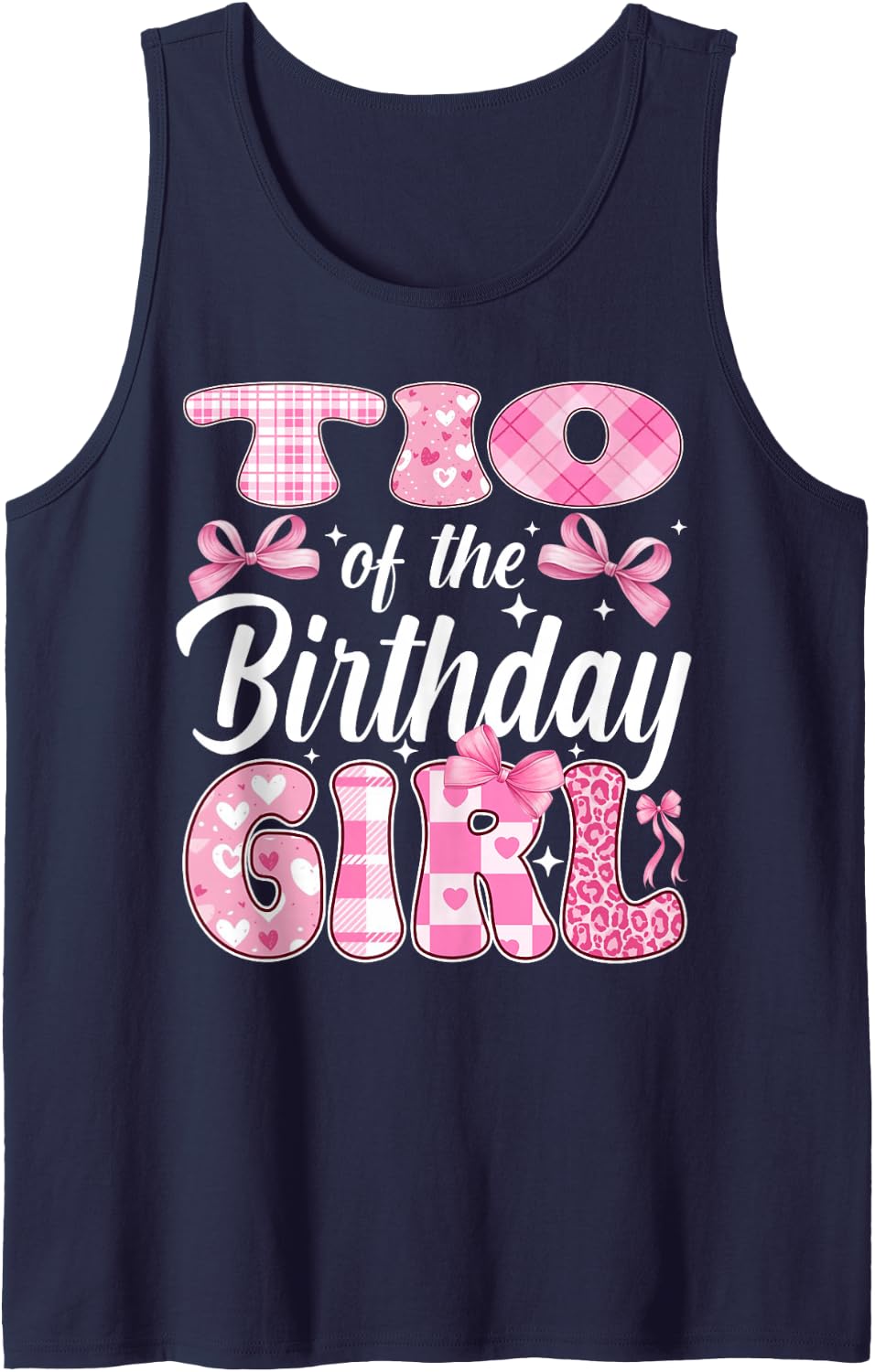 TIO of The Birthday Girl Family Pink Coquette Bow Sleeveless Tank Top - Navy Blue