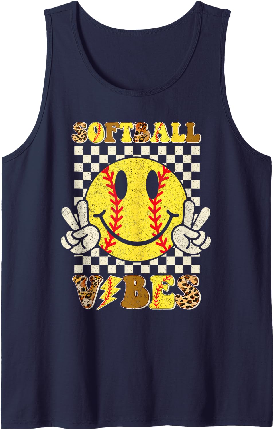 Softball Vibes Softball Retro Groovy Game Day Girls Women Sleeveless Tank Top - Navy Blue