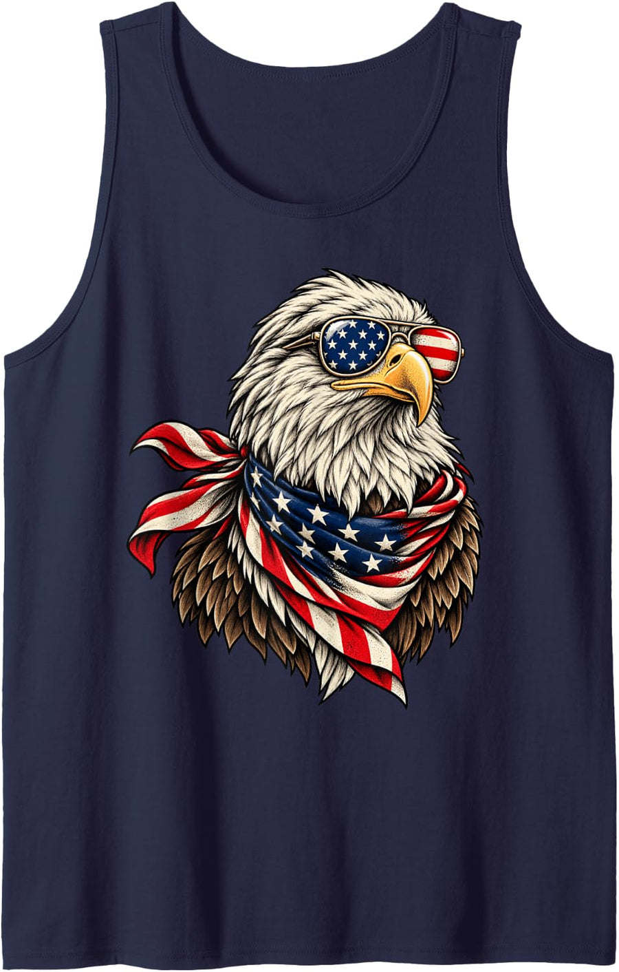 Bald Eagle American Flag Sunglasses Bandana 4th of July Sleeveless Tank Top - Navy Blue
