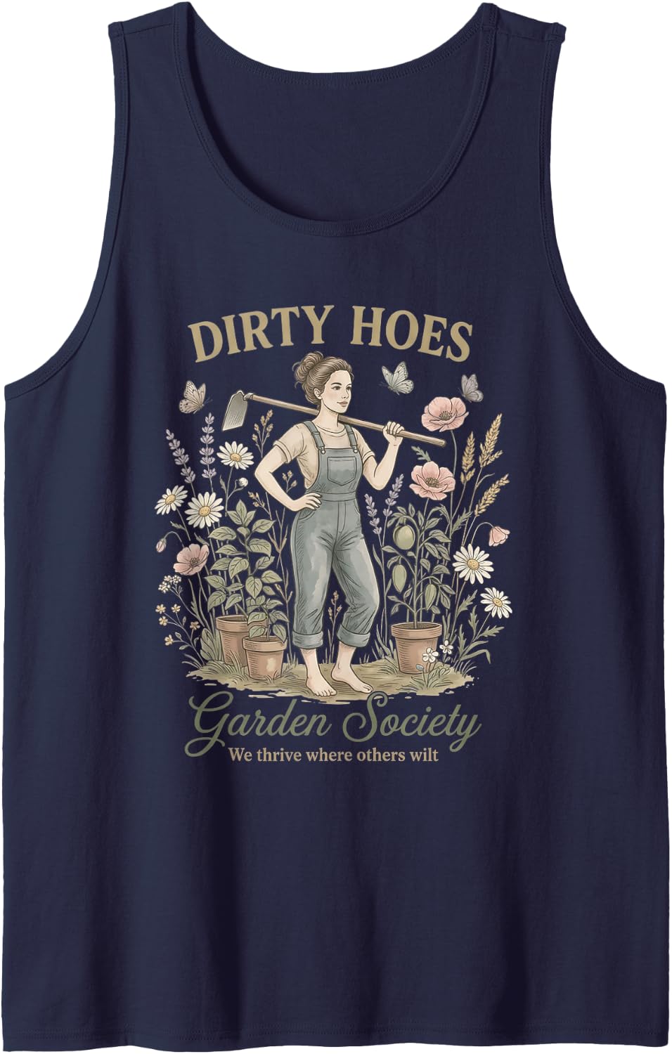 Dirty Hoes Garden Society Tshirt Gardener Farmer Boho Flower Tank Top - Navy Blue