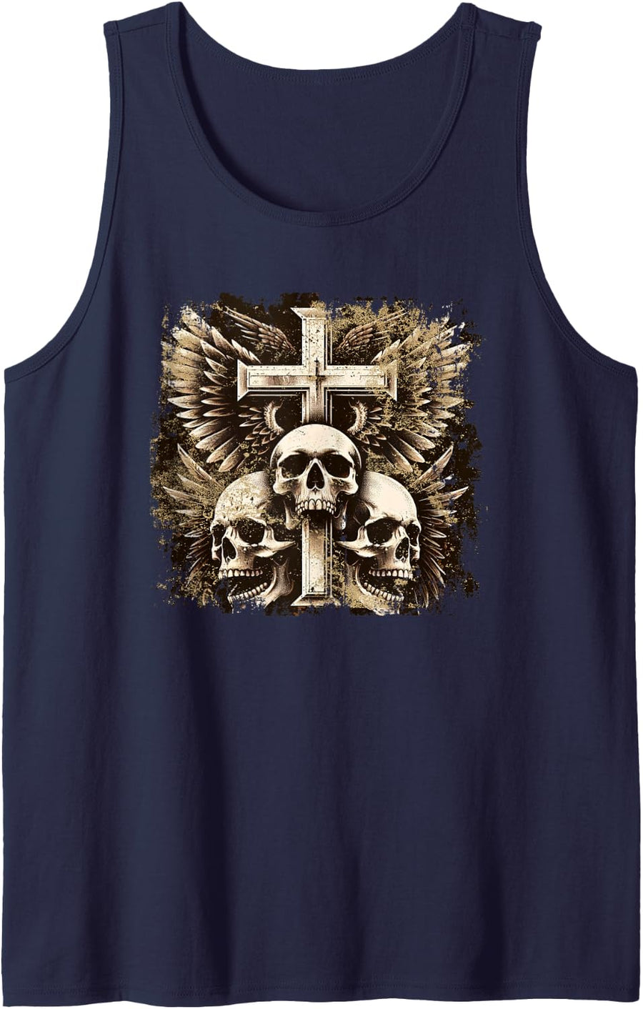 Skull Cross Wings Y2K Goth Alt Grunge Gothic Emo Aesthetic Sleeveless Tank Top - Navy Blue