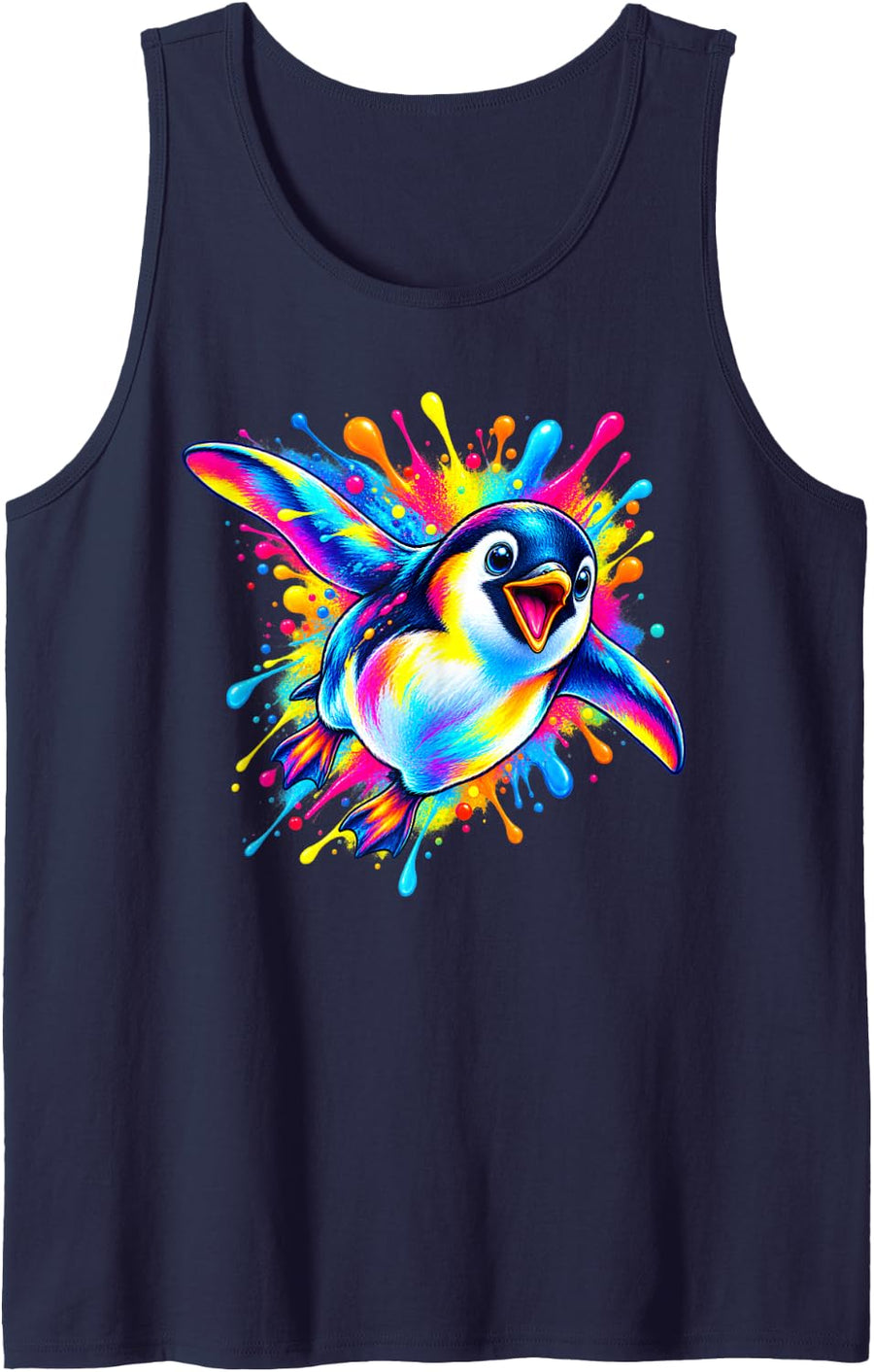 Colorful Penguin Splash Art Ocean Bird Sleeveless Tank Top - Navy Blue