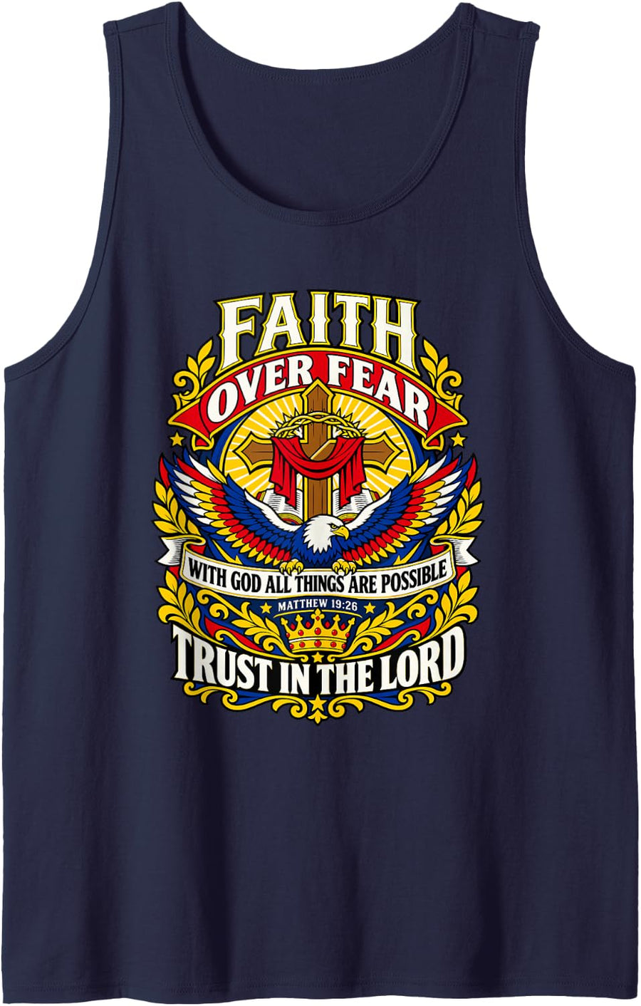 Faith Over Fear Matthew 1926 Christian Eagle Cross Christmas Sleeveless Tank Top - Navy Blue