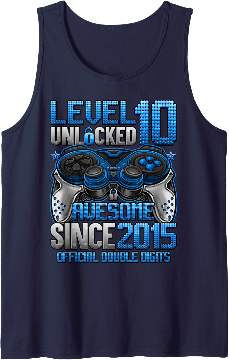 Official Double Digits Level 10 Unlocked 10th Birthday Boy Sleeveless Tank Top - Navy Blue