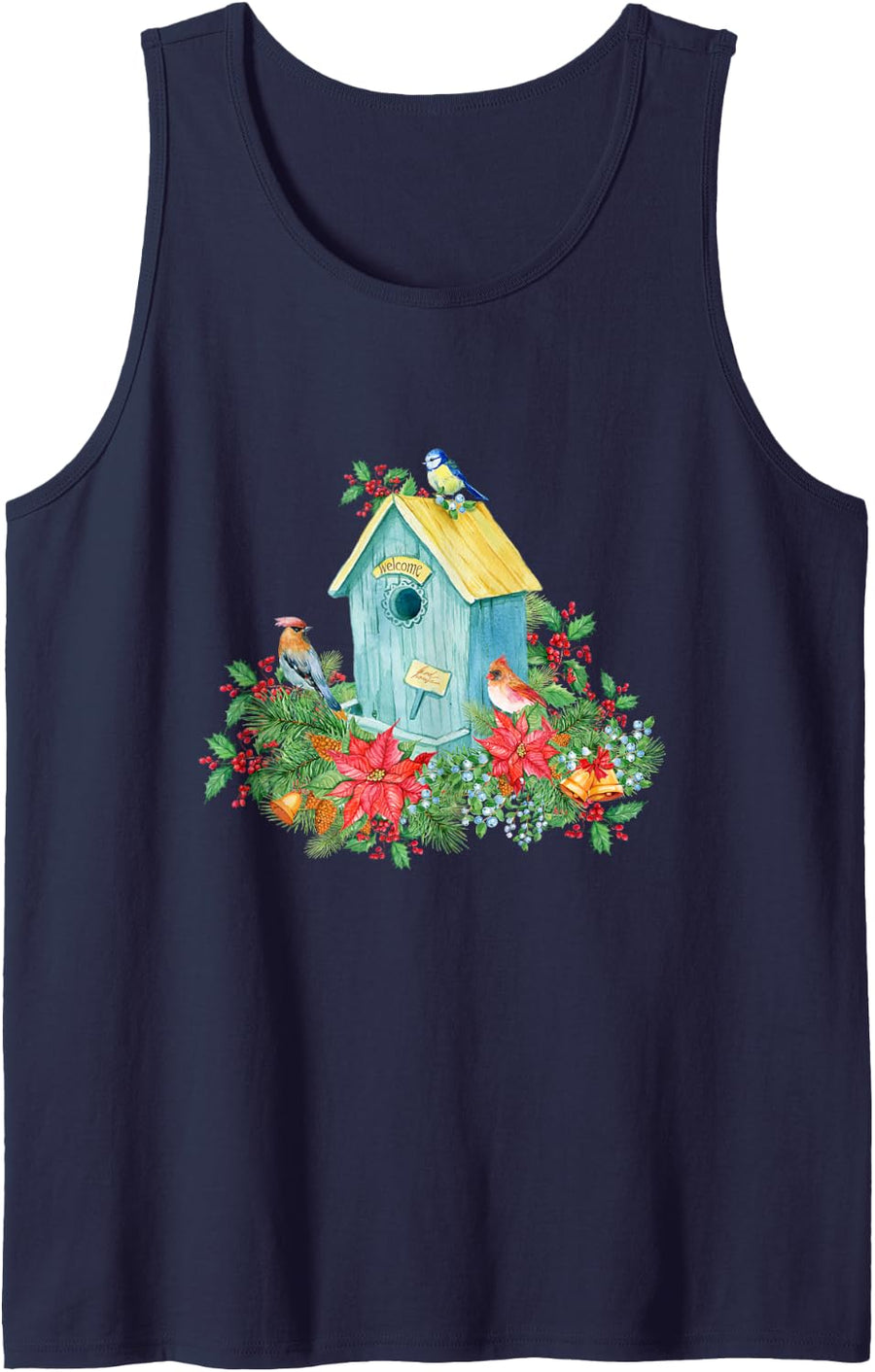Christmas Holiday Wreath Birdhouse Birds & Bells Tank Top - Navy Blue