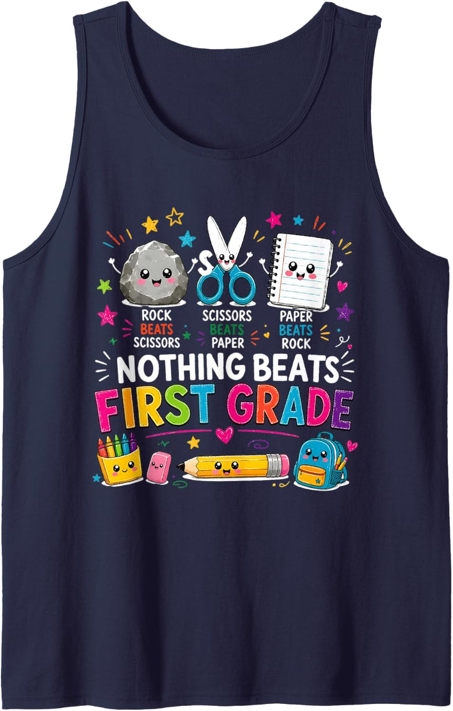 Back to School Nothing Beats 1st Grade Rock Paper Scissors Tank Top - Navy Blue