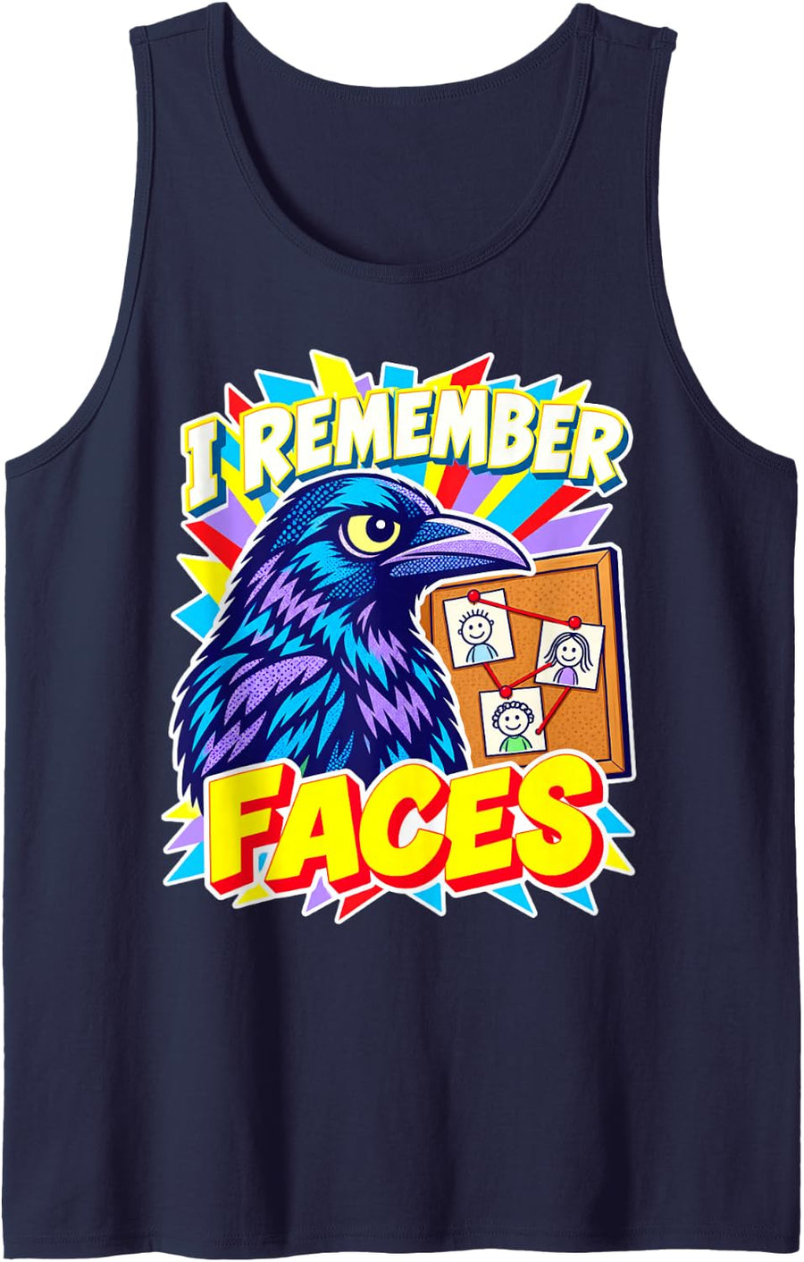 I Remember Faces Animal Gothic Birds Animal Funny Crow Sleeveless Tank Top - Navy Blue