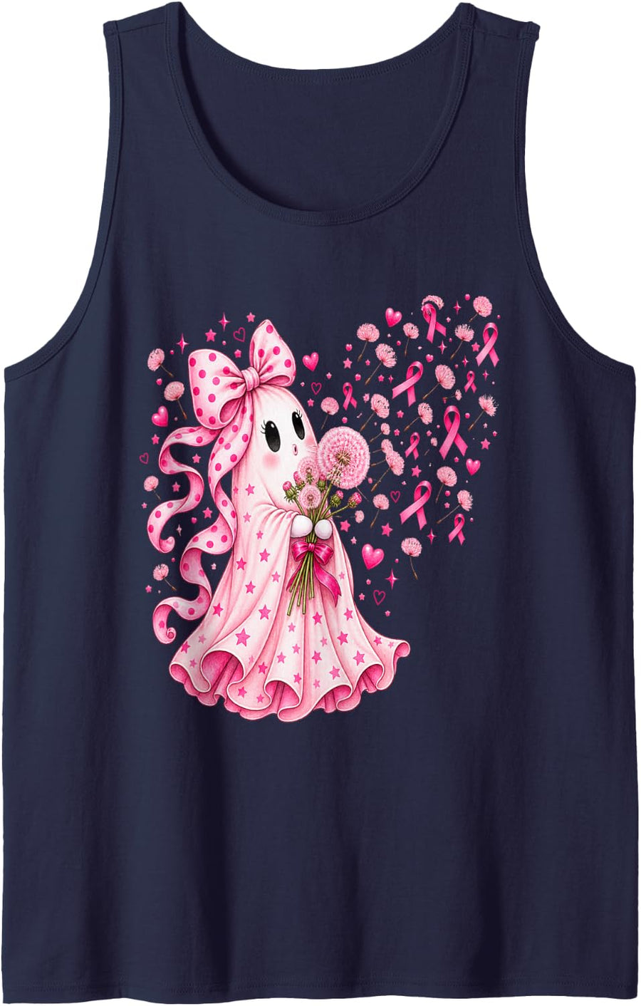 Spooky Season Cute Halloween Pink Ribbon Ghost Breast Cancer Tank Top - Navy Blue