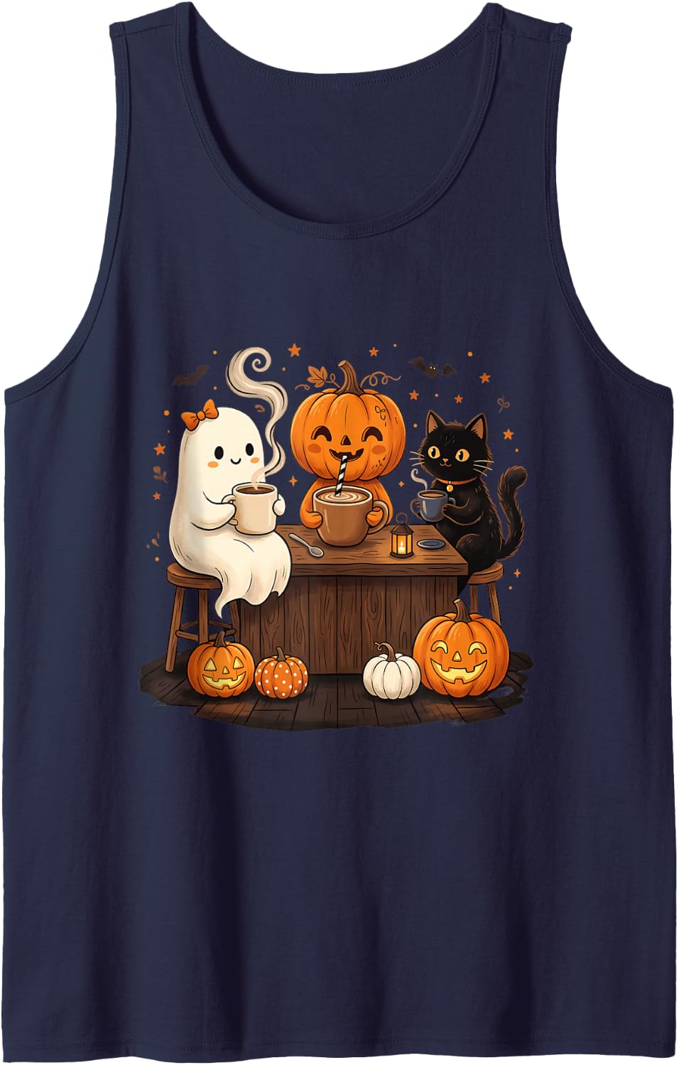 Halloween Costume Ghost Black Cat Pumpkin Spooky Season Tank Top - Navy Blue