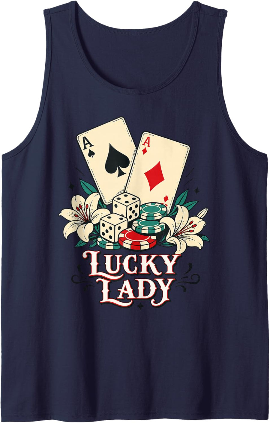 Lucky Lady Design with Vintage Playing Cards and Dice Tank Top - Navy Blue