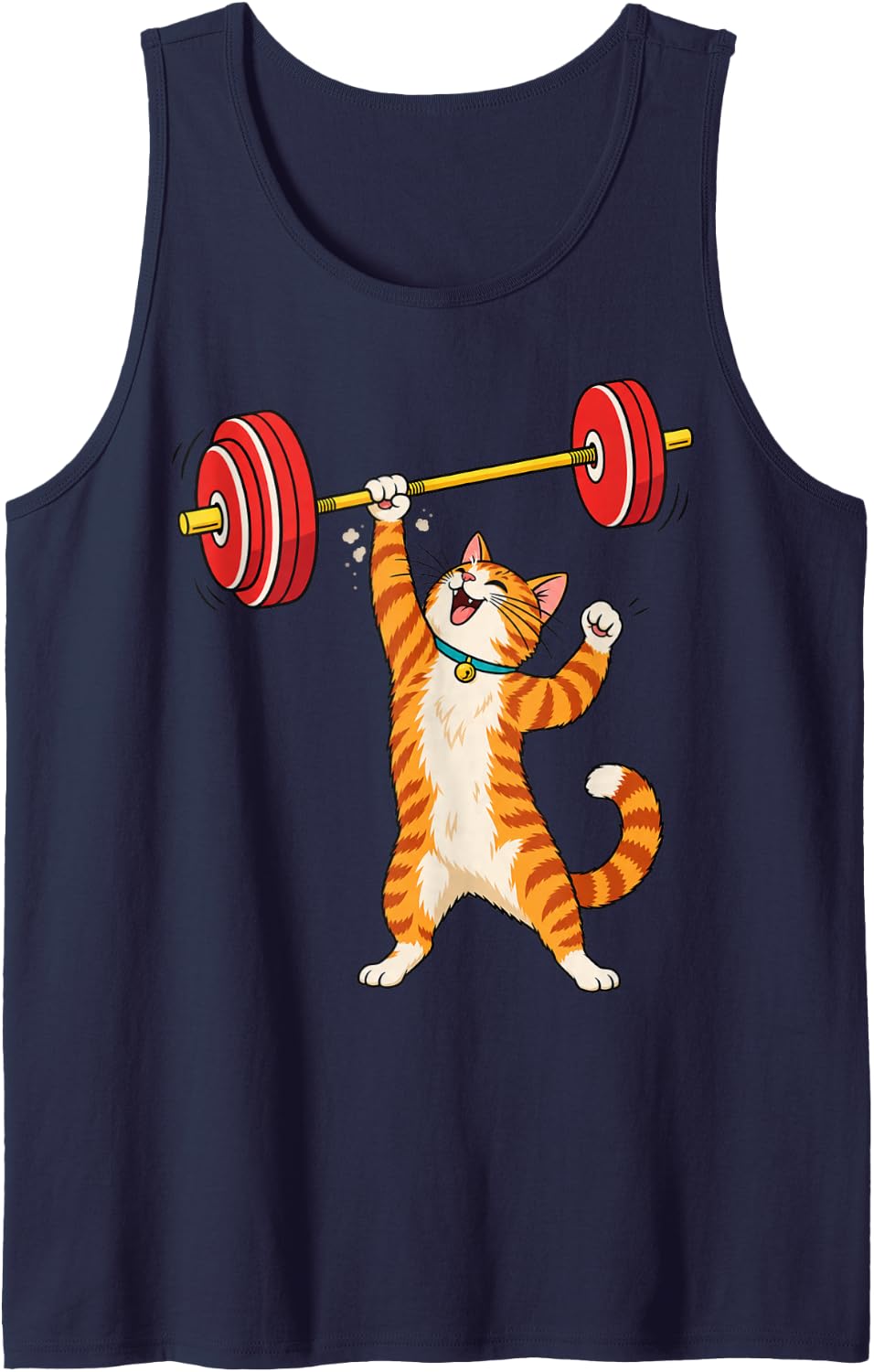 Powerlifting Tabby Cat Overhead Press Gym Humor Sleeveless Tank Top - Navy Blue