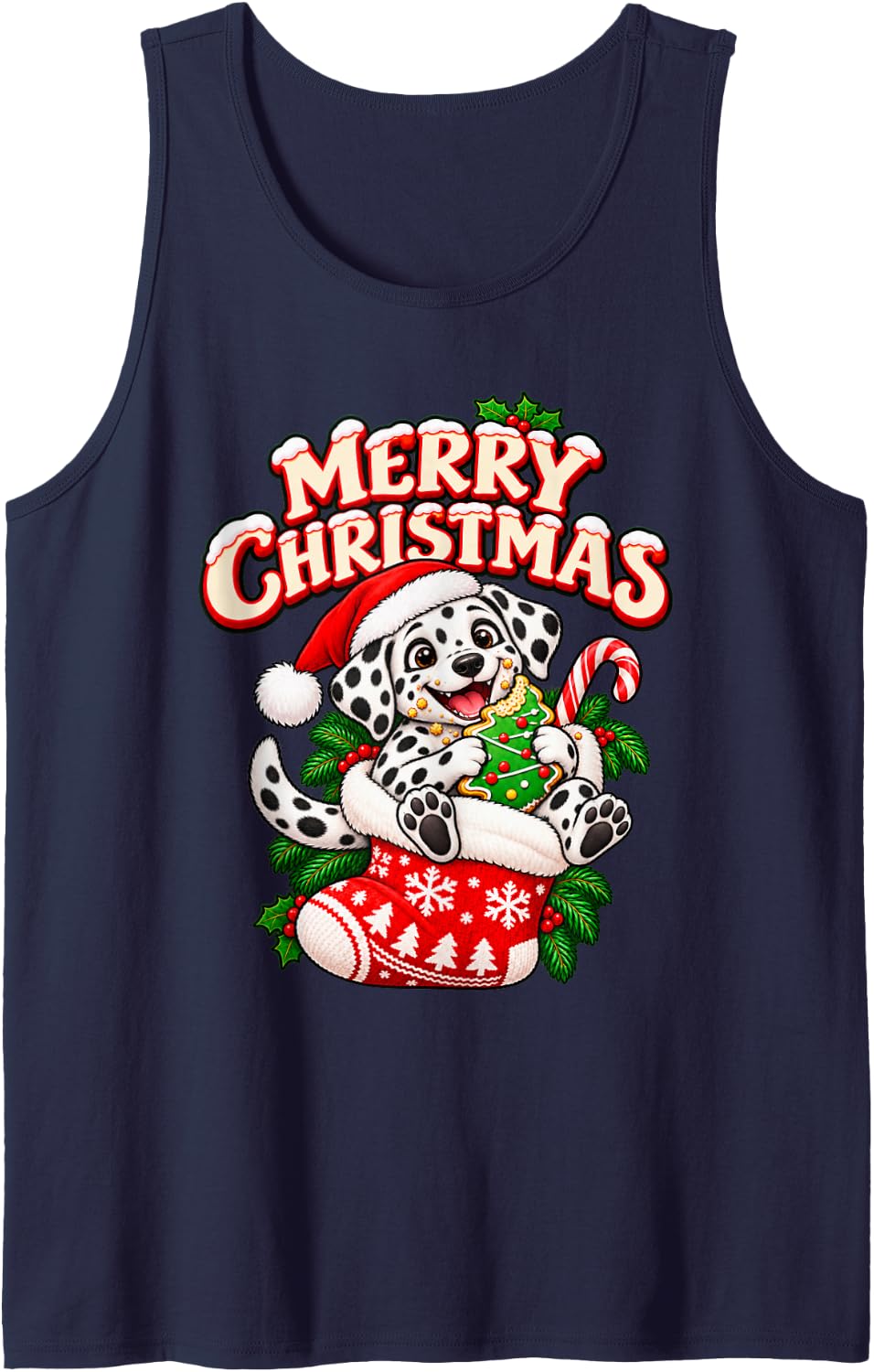 Merry Christmas Happy Dalmatian Cute Stocking Funny Sleeveless Tank Top - Navy Blue