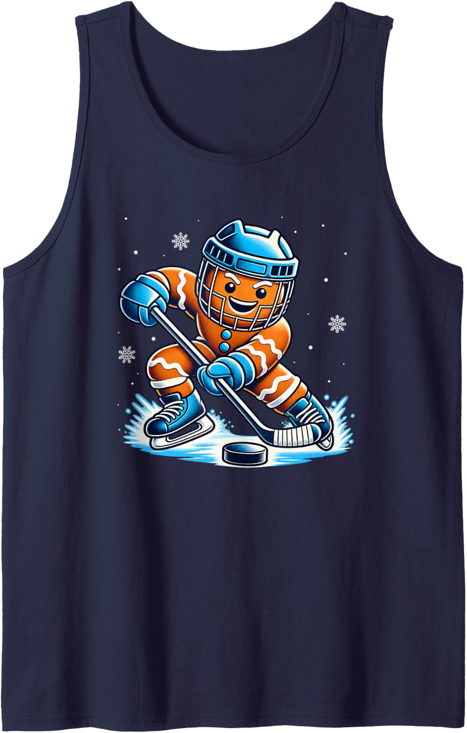Funny Christmas Gingerbread Playing Ice Hockey Xmas Sport Sleeveless Tank Top - Navy Blue