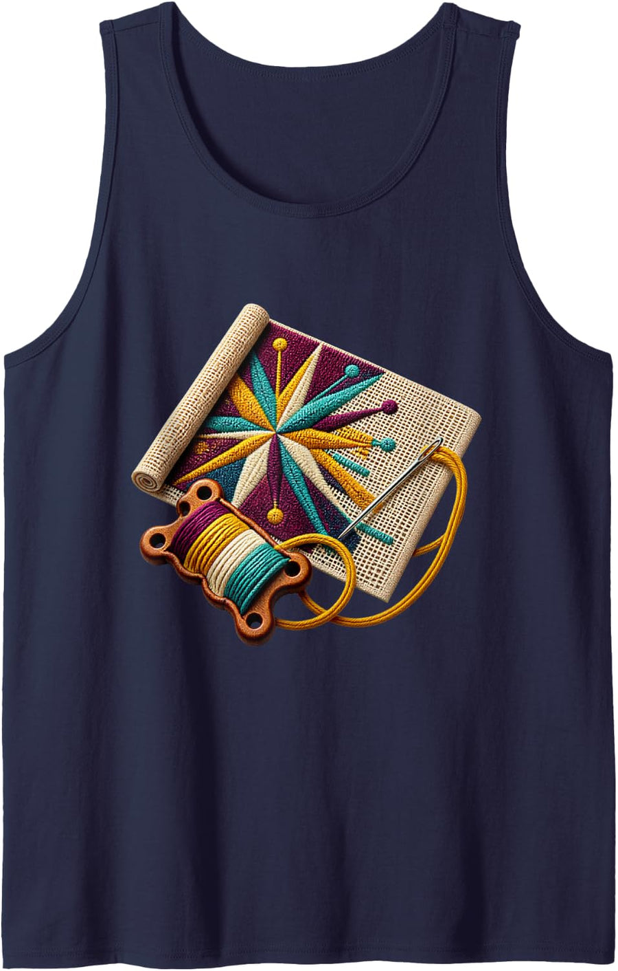 Classic Mid Century Star Needlepoint with Yarn and Needle Sleeveless Tank Top - Navy Blue
